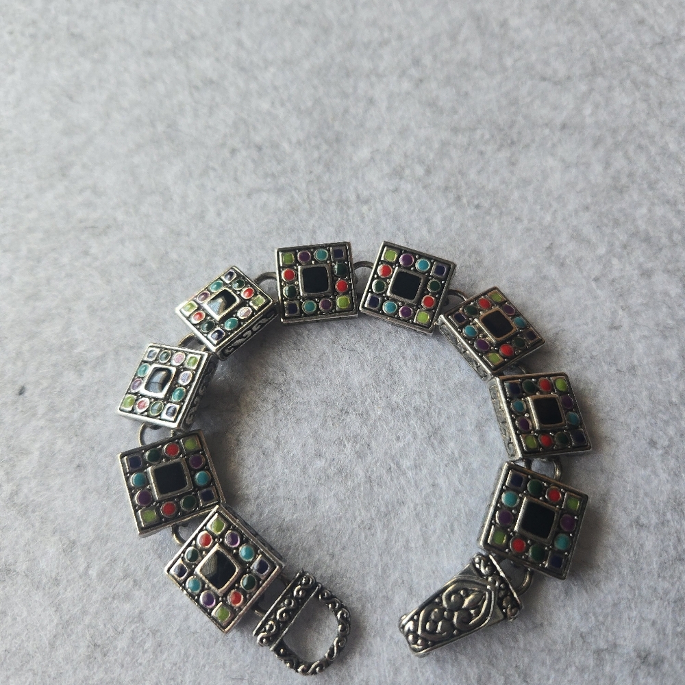 Multicolor Square Geometric Bracelet Silvertone 6 Inches Great Quality